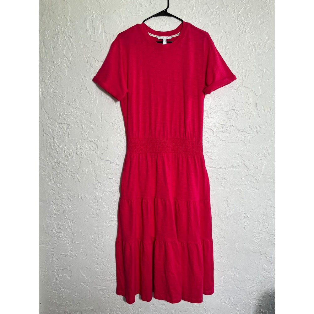 Peace Love World Pink Smocked‎ Waist Tiered Midi T-Shirt Dress Size M Cotton